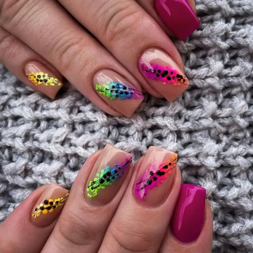

Long Square False Nails Fashion French Sweet Rainbow Nail Tips Detachable Blue Wavy Press on Nails DIY