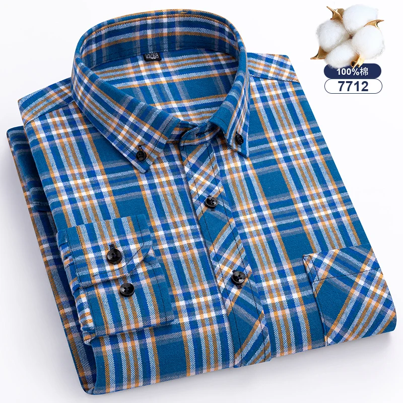 

6XL 7XL 8XL New Men's Long sleeved Shirt Autumn and Winter 100% Cotton Brushed Plaid No Iron Casual Social Youth Business