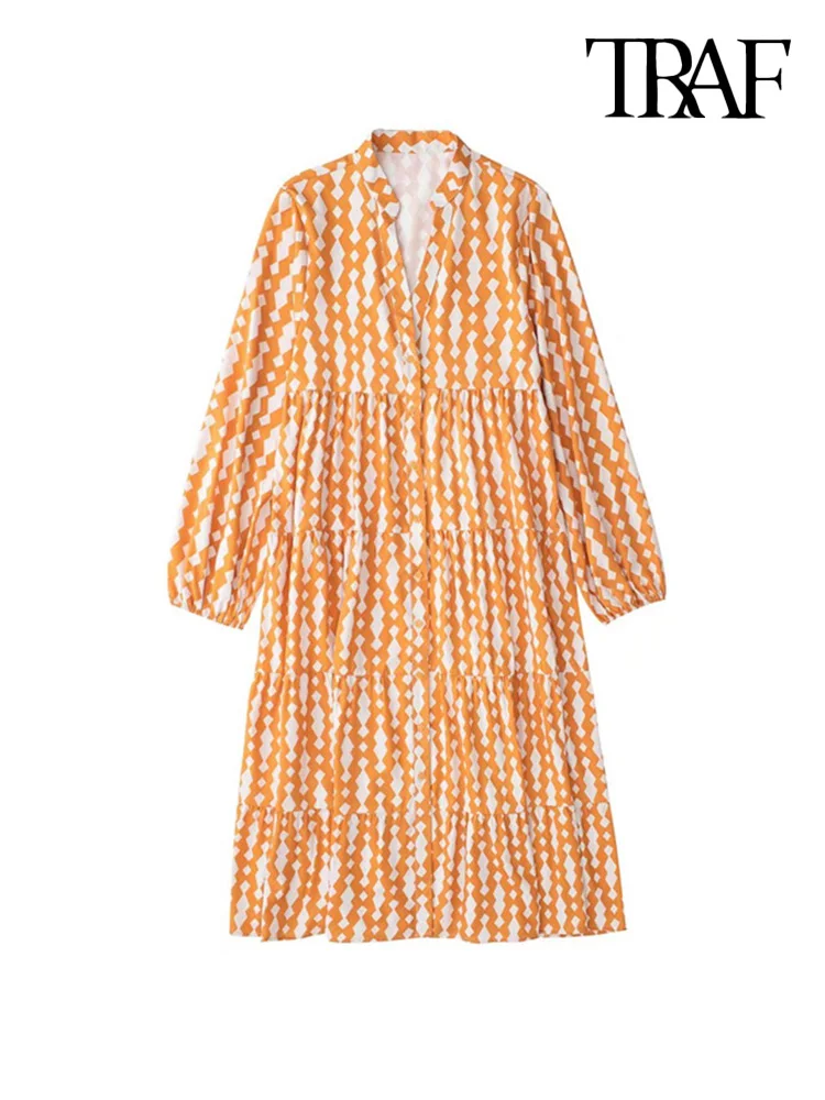 

TRAF Women Fashion Printed Panelled Midi Dress Vintage Long Sleeve Button-up Female Dresses Vestidos Mujer