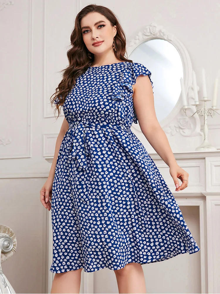 

Plus Size Women Clothing Casual Summer Dresses 2022 Short Sleeve O Neck Swing Empire Printed Dress Casual Blue Dress Women