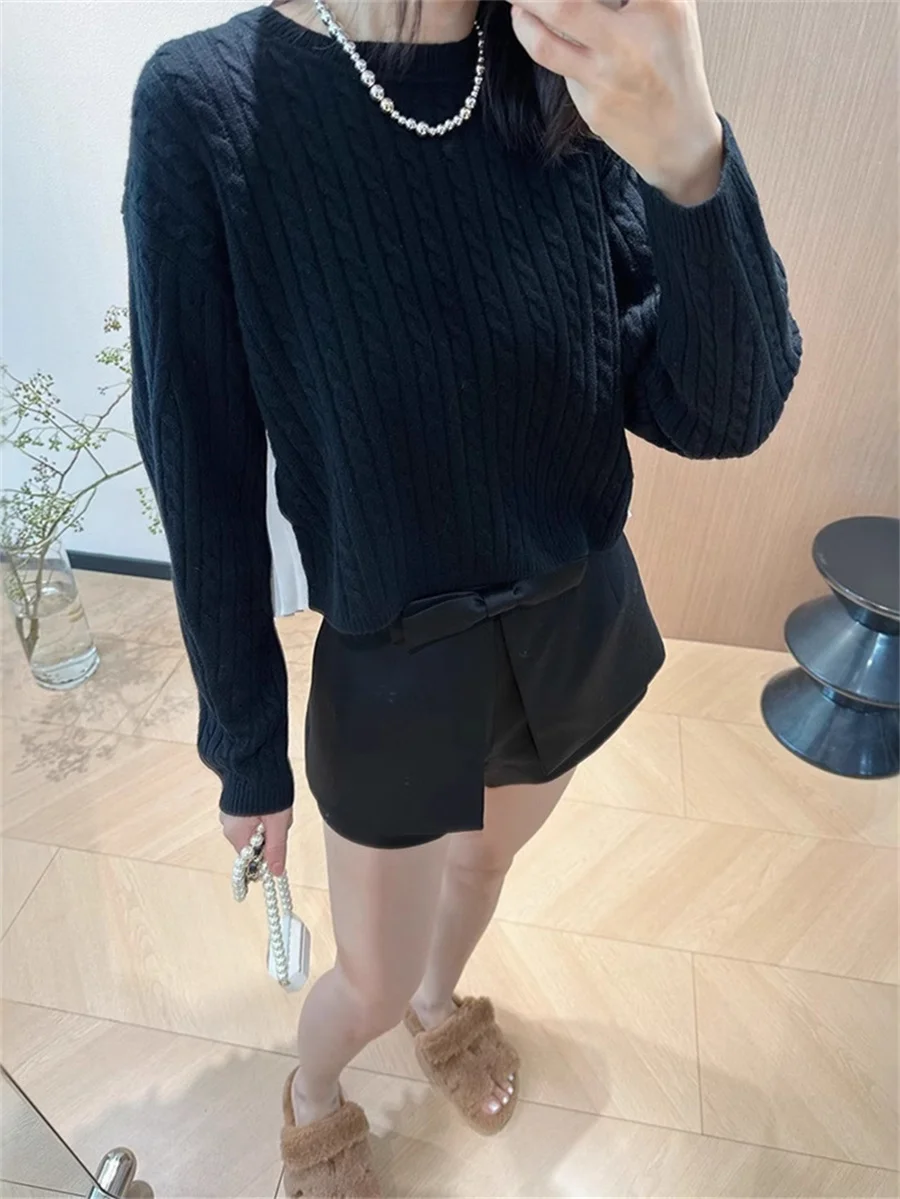 Женский плиссированный лоскутный дизайнерский свитер из смеси шерсти черный