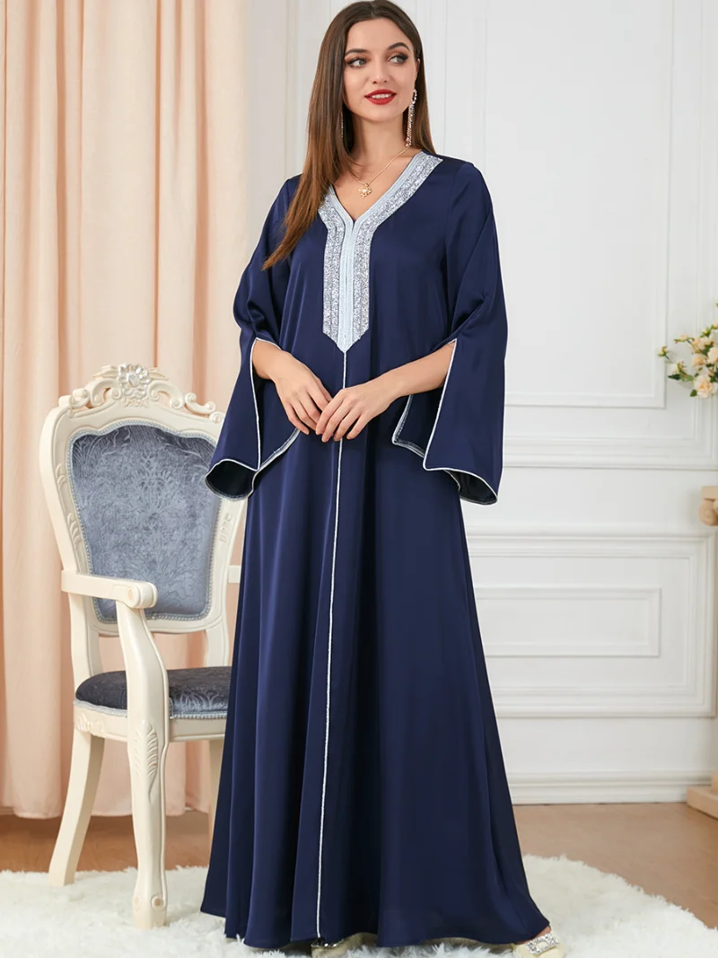 Women Elegant Long Dresses Dubai Luxury V-Neck Diamonds Split Sleeve Ramadan Abaya Muslim Turkish Islam Evening Party Robe