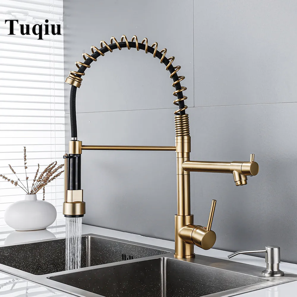 

Tuqiu Pull out Kitchen faucet Brushed Gold kitchen sink Mixer tap kitchen faucet vanity water tap Rotating faucet sink faucet