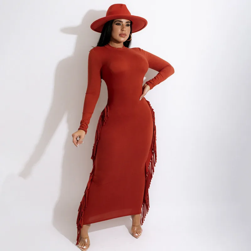 

New Women's Dress 2023 Fashion New Style Solid Round Neck Autumn And Winter Fashion Solid Color Tassel Pullover Long Dress