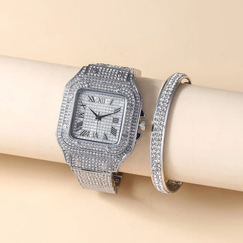 2PCS Set Luxury Square Full CZ Watch Women's Bracelet Fashion Watch Women's Casual Women's Watch Bracelet Set Clock