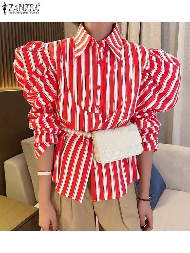 

Праздничные женские рубашки ZANZEA, сезон весна-осень 2022, топы с лацканами, повседневные блузы с длинным рукавом, офисные женские блузы большог...