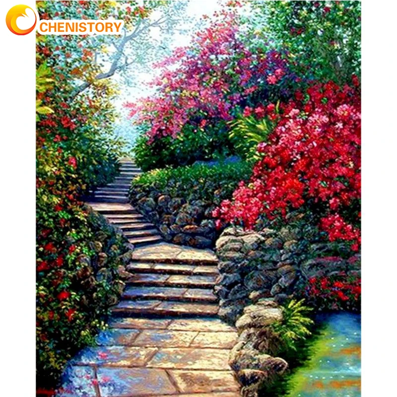 

CHENISTORY Oil Painting By Numbers For Adult With Frame Flowers DIY Colorful Ladder Landscape Acrylic Paint Art Coloring Decor