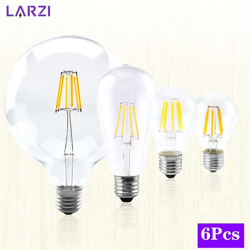 6pcs/lot LED Candle Bulb C35 ST64 Vintage Lamp E14 LED E27 A60 G85 G95 AC 220V LED Globe 2W 4W 6W 8W Filament Edison Light Bulbs