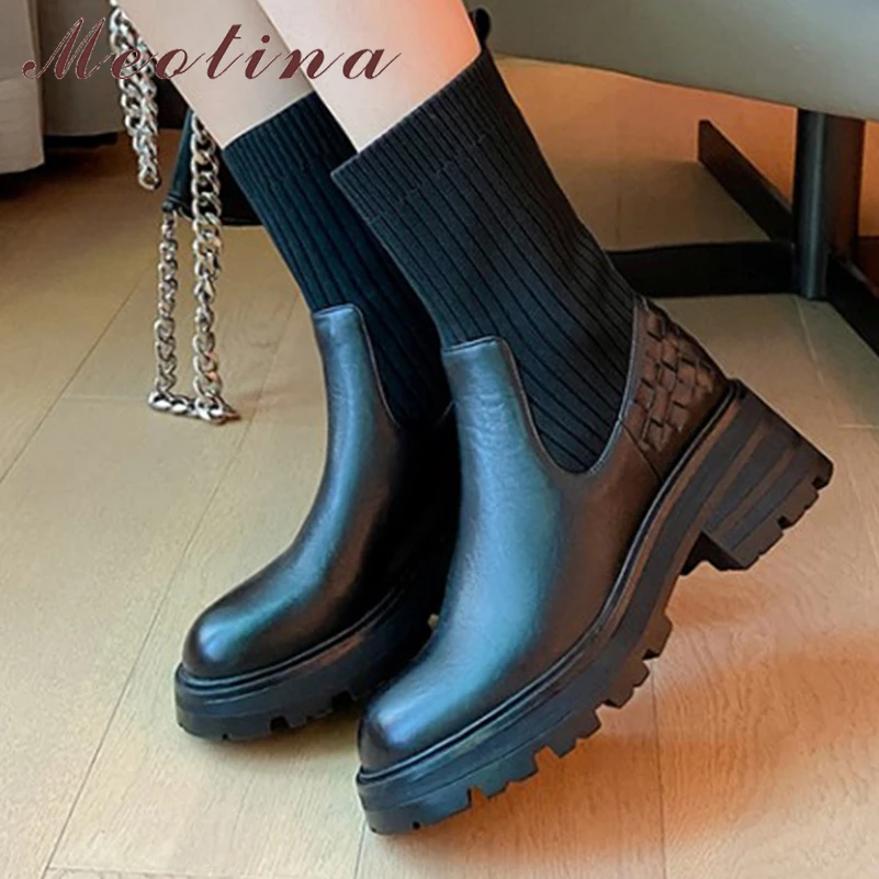

Meotina Women Genuine Leather Ankle Short Boots Round Toe Platform Thick High Heels Sock Boot Ladies Fashion Shoes Autumn Winter
