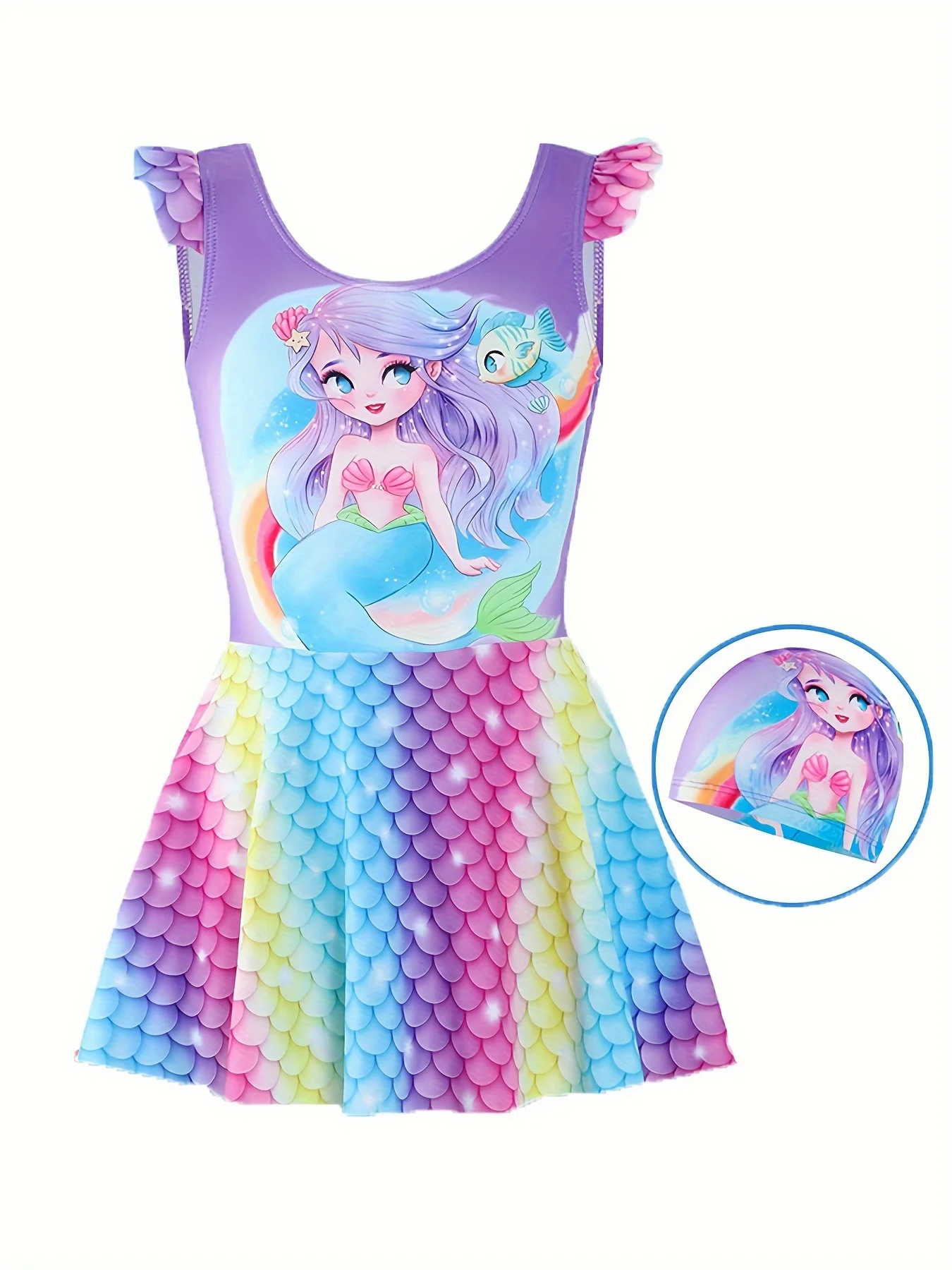 1 шт. платье для девочки Русалка + подходящая шапочка купания милый купальный