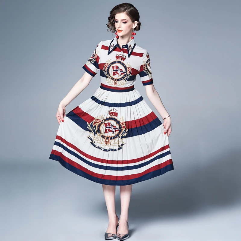 

4XL Women Summer Pleated Dresses Brand Turn-down Collar Short Sleeve High Waist Vintage Dress Hot Thin Rushed Print Shirt Dress