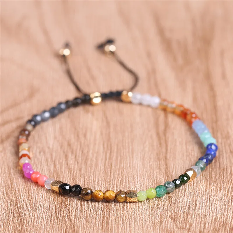 

3mm Natural Stones Faced Beads Braided Wrap Bracelet Natural Healing Adjustable Bangle Rainbow Stone Cuff Women Girls