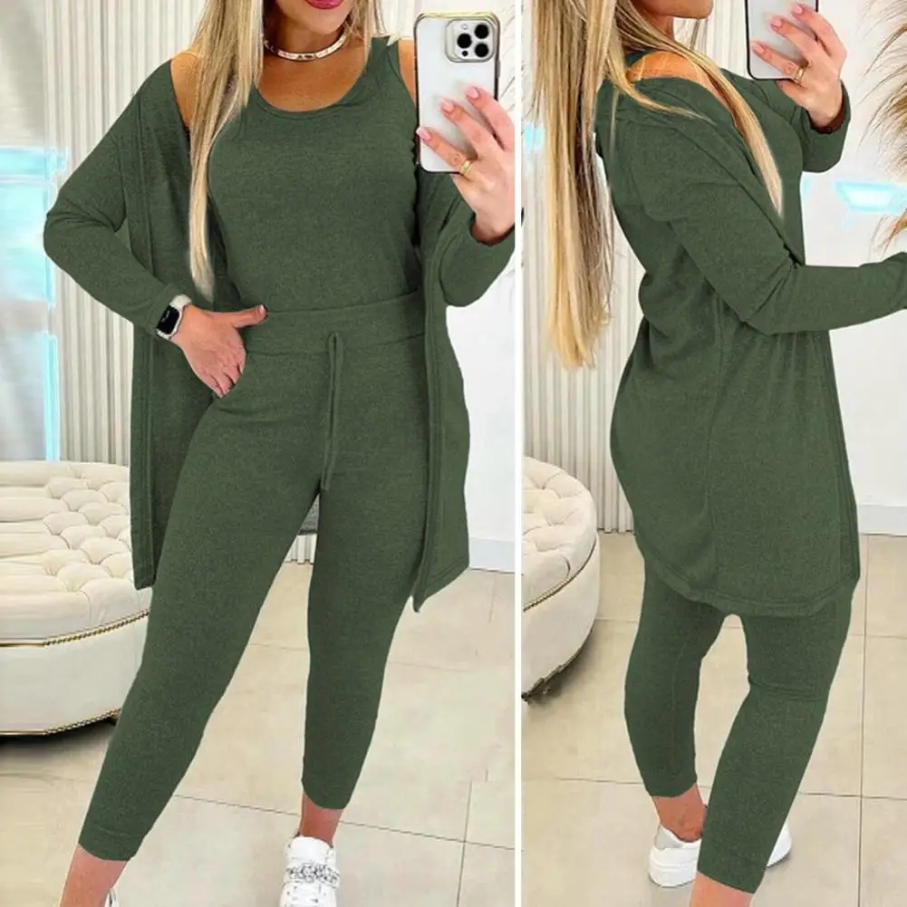 

Women Suit Stylish Women's 3-piece Suit High Waist Elastic Sweatpants Sleeveless Vest Mid-length Coat for Fall/winter Sports