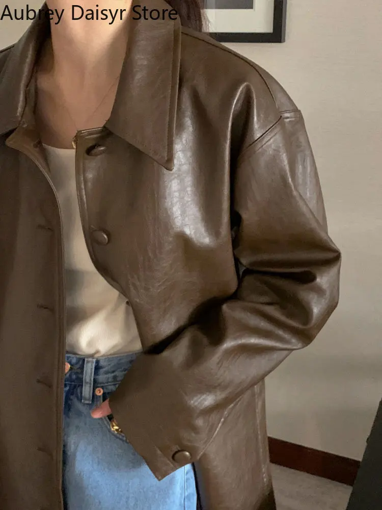 Korean Long Black Leather Moto Jacket Women Streetwear Fashion Female Loose Leather Suit Blazers Casual Vintage Winter Coat 2022