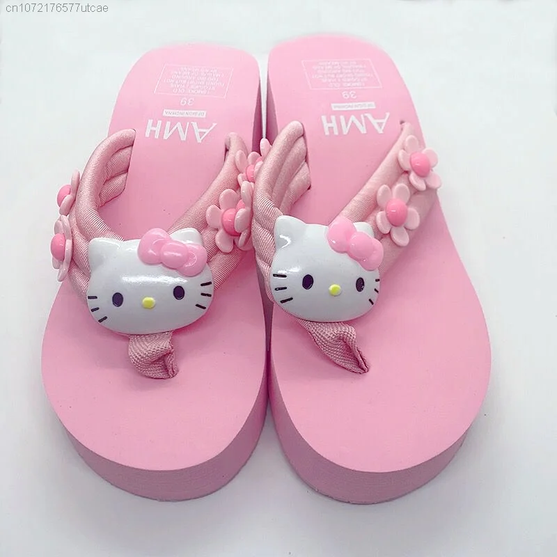Sanrio Hello Kitty Trend Pink Flip Flops For Women Y2k Sweet Thick Sole Anti-slip Sandals Holiday Beach Slipper Casual Shoes