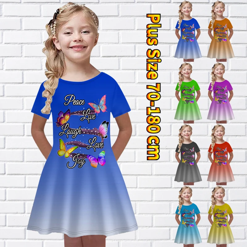 

2022 Summer Girls Dress Butterfly Print Short Sleeve Skirt Round Neck Knee Skirt Little Girls Fashion Loose Size Princess Skirt