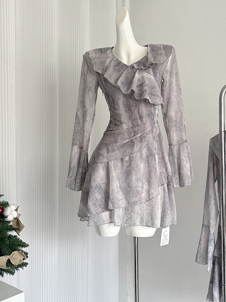 Осеннее французское винтажное мини-платье женское платье с длинным рукавом и