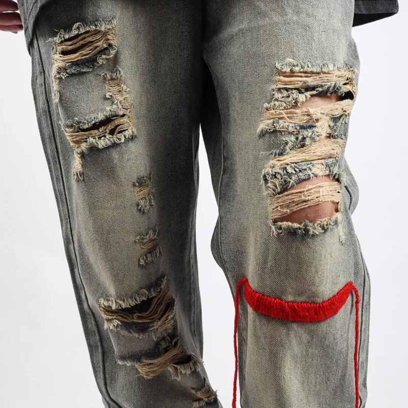 High Street Washing Vintage Streetwear Yellowing Beggars Holes Jeans Straight Fashion Men's and Women's Denim Pants