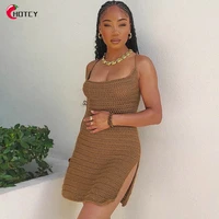 hotcy fashion sexy hollow out strap wool knit open fork bodycon summer club even dress for woman 2022