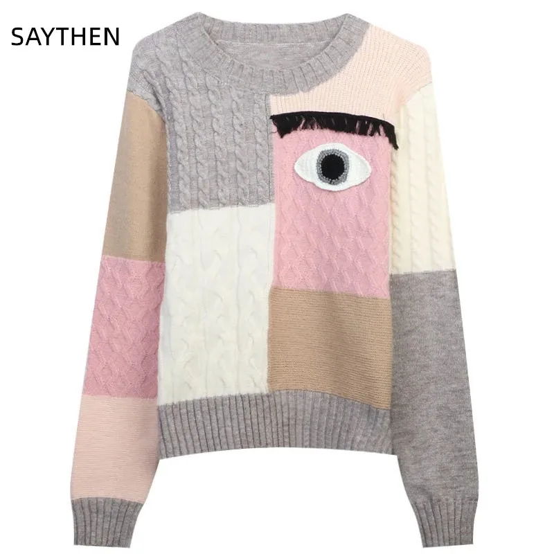 

SAYTHEN 2023 New Autumn Winter Women's Contrasting Color Eye Pattern Jacquard Sweater Loose Round Neck Long Sleeve Knit Jumper