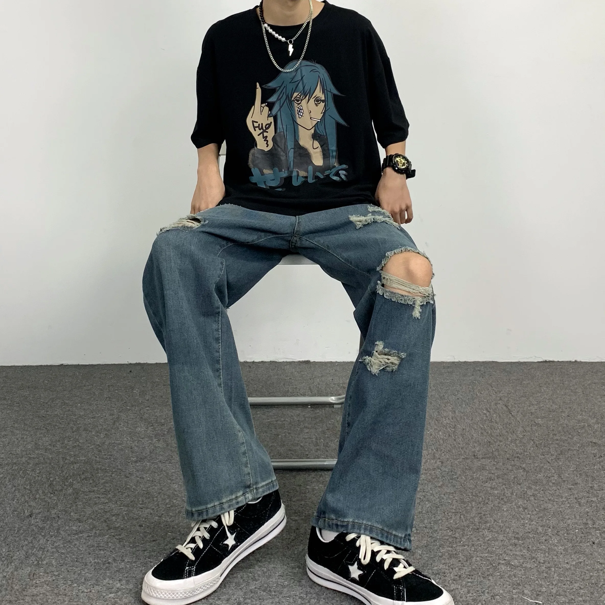 Men's Jeans High Street Hip-hop Colorblock Ripped Loose Jeans Korean Fashion Jeans Hip-hop Men's Clothing Y2k Pants Men  LOOSE