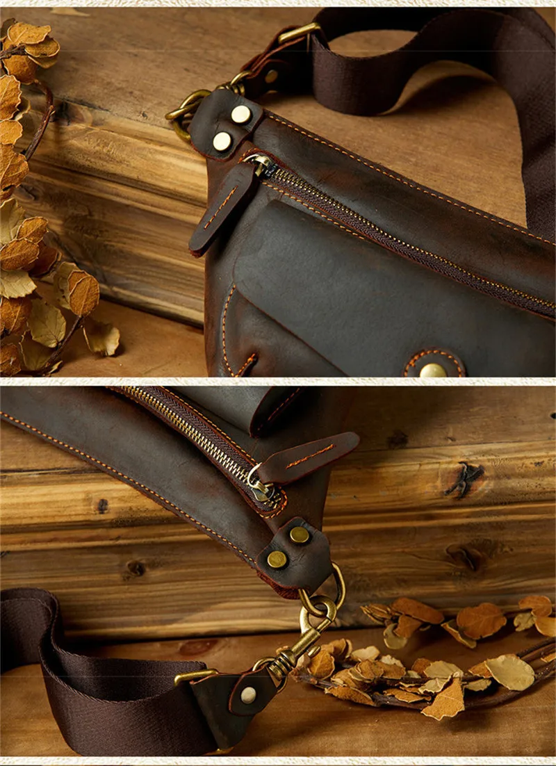 Retro fashion crazy horse cowhide men handmade design saddle bag outdoor leisure mobile phone with wide shoulder strap chest bag