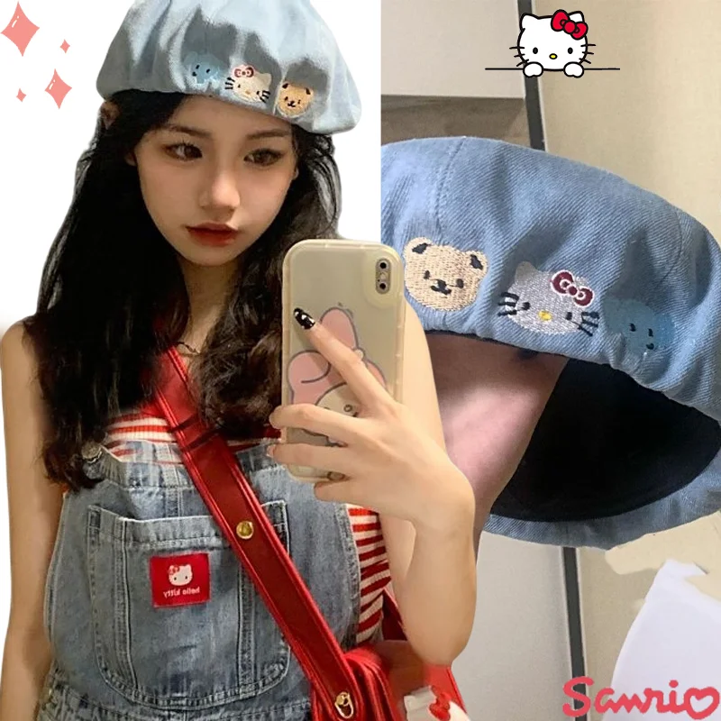 

Sanrio Anime Hello Kitty Beret Kawaii Denim fabric Stereo Cartoon Pattern Temperament Girls Painter Hat Fashion Octagonal Hats