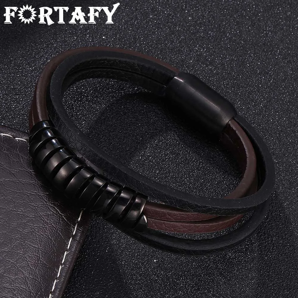 

FORTAFY Bracelets & Bangles Men Punk Jewelry Multilayer Leather Rope Bracelet Stainless Steel Magnetic Clasp Male Bangles FRP510