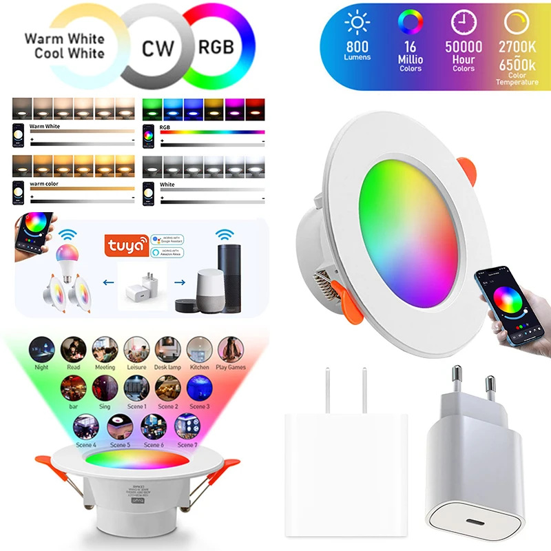 

LED Downlight Smart Life Dimming Spot Bluetooth Lamp 10W RGB+CW+WW Change Warm Smart Lamp Work with Alexa Google Home