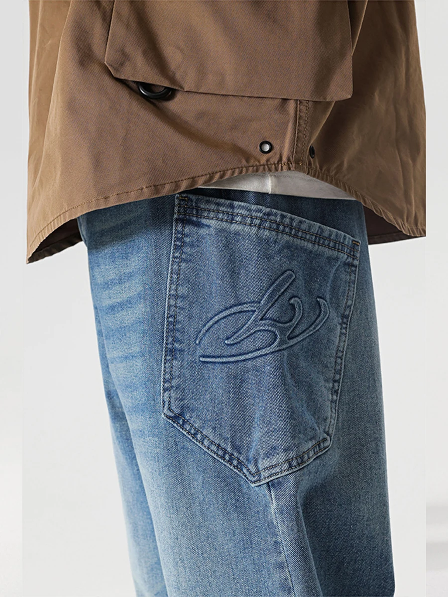 Four Seasons Men's Jeans American Drape Stencil Retro Wide Leg Pants Trend High Street Straight Pants Streetwear Ins Hot Sale