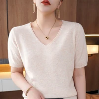 new spring and summer 100 pure wool v neck short sleeved t shirt high end fashion womens solid color loose knit casual top