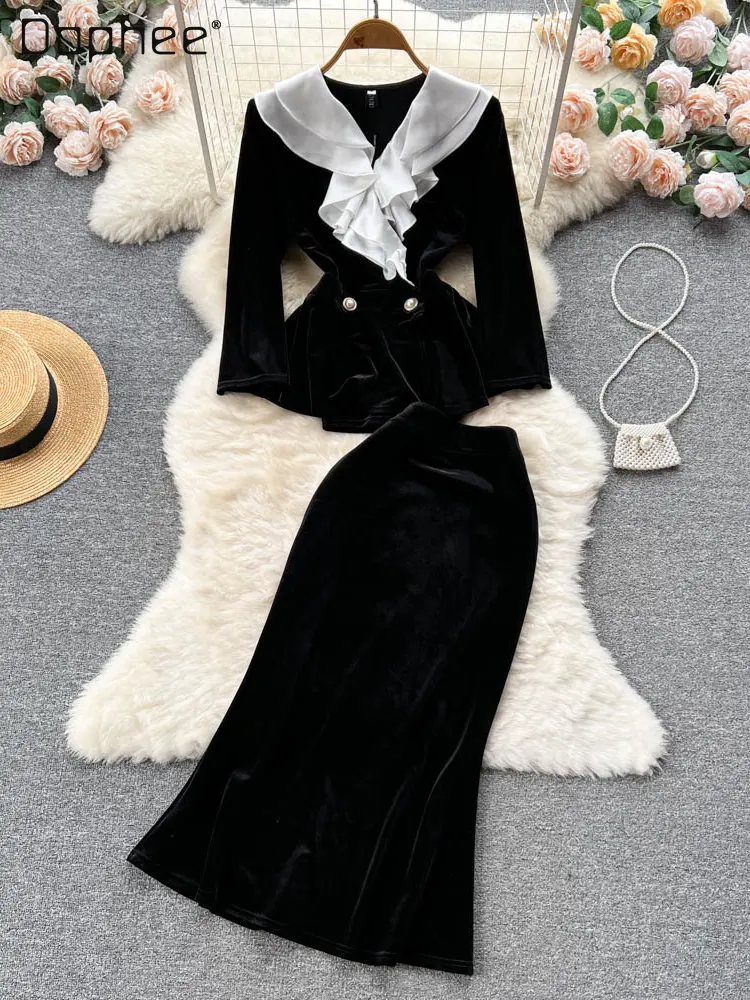 French Style Vintage Velvet Suit Long-Sleeved Coat and Mid-Length Fishtail Skirt Two-Piece Suit Fashion 2022 Autumn and Winter