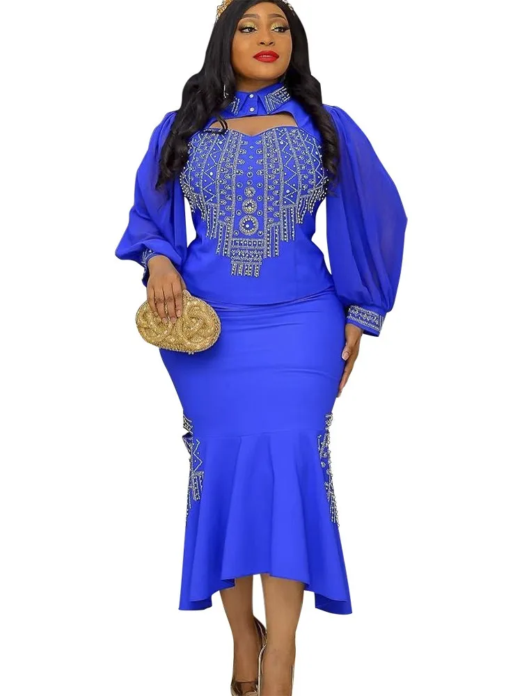 

2 Piece Sets Women Maxi Dresses Long Lantern Christmas O-Neck Bodycon Sexy Shiny Celebrate Occasion African Robes Birthday Event
