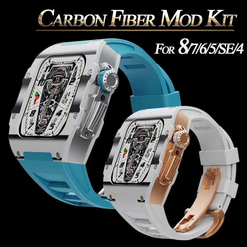 

Carbon Fiber Luxury Case for Apple Watch Band 45mm Series 7 6 Stainless Steel for Iwatch Series 5 4 SE 44MM Diy Modification Kit