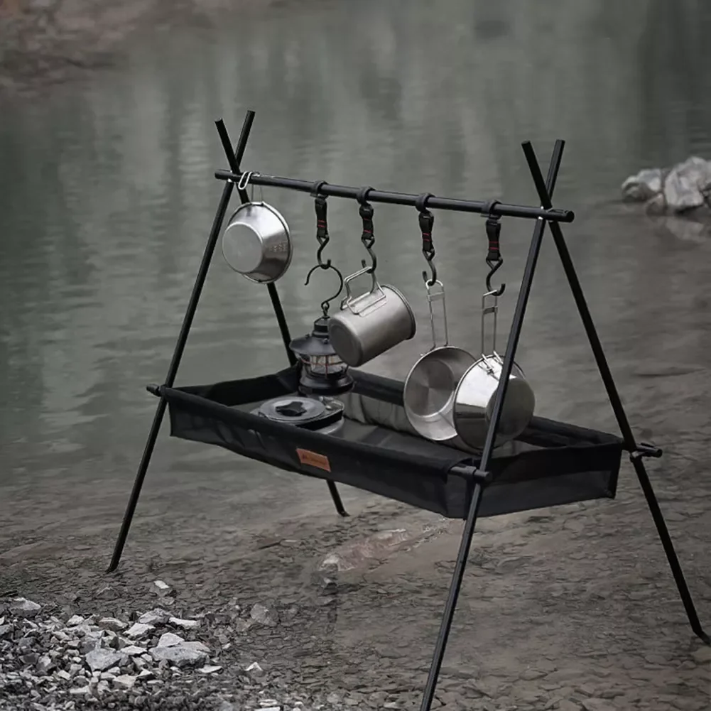 

ShineTrip Camping Hanging Rack Tripod Pot Pan Hanger Stand with Hook for Outdoor BBQ Picnic Cookware Tableware Storage Shelf