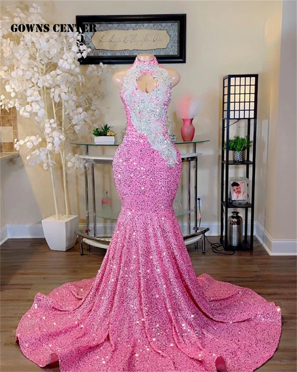 Pink Sequin Prom Dresses 2023 For Black Girl Silver Crystal Beaded Long Evening Dress Wedding Occasion Gowns