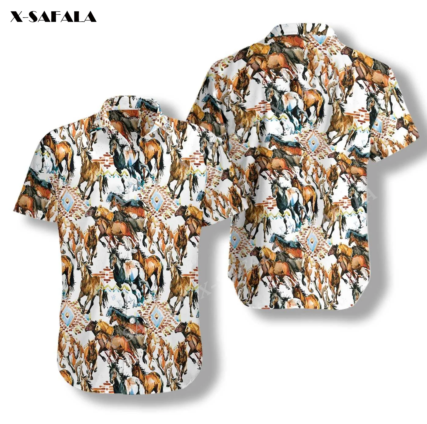 

RUNNING HORSE TRIBAL TEXTURE Print High Quality Summer Men's Hawaiian Beach Shirt Button Fashion Short Sleeve Tops Tees Casual