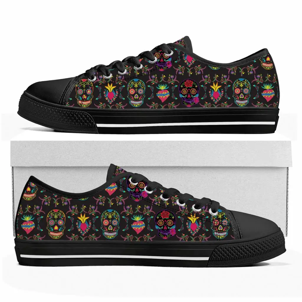 

Retro Sugar Skull Floral Printed Low Top Sneakers Mens Womens Teenager Canvas Sneaker Casual Custom Made Shoes Customize Shoe