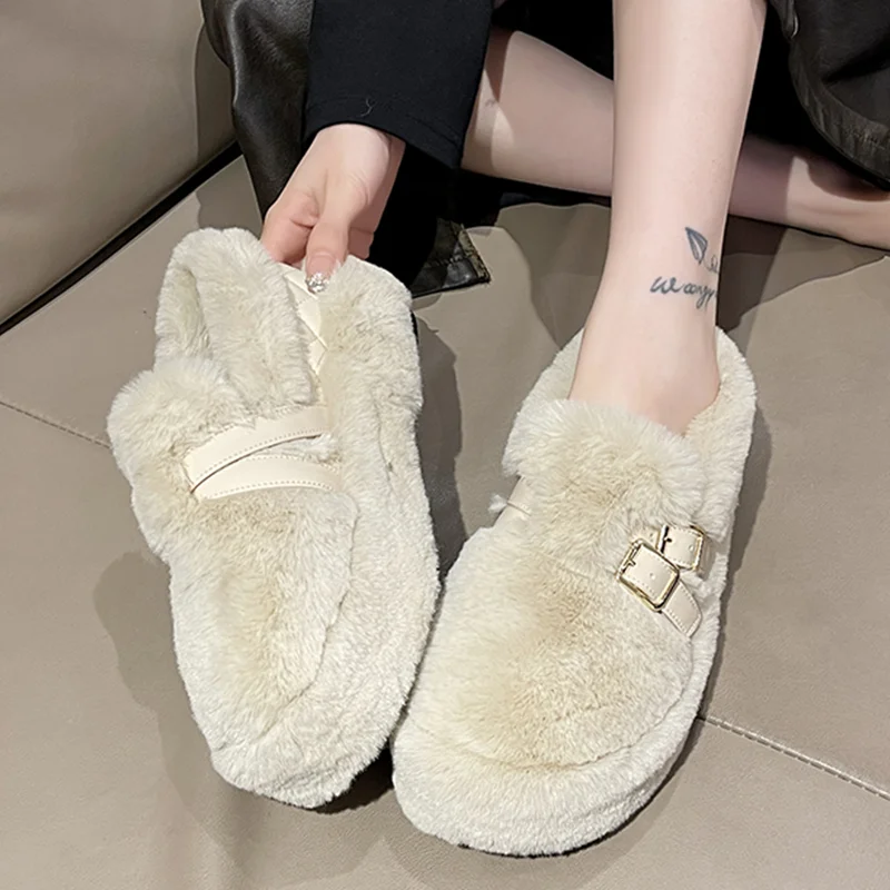 

Fur Women Flats Loafers Home Cotton Shoes Warm Winter Short Plush Soft Snow Boots Fashion 2024 New Casual Designer Chelsea Botas