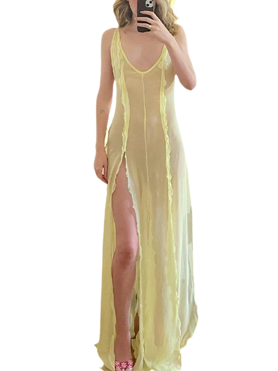 

Женское длинное прозрачное платье с V-образным вырезом, однотонное летнее платье без рукавов с разрезом сбоку и открытой спиной