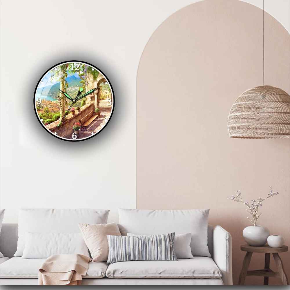 

Oil Painting Garden Corridor Luminous Acrylic Wall Clock HD Wall Clock Modern Design Silent Movement Wall Clock Large Size Home