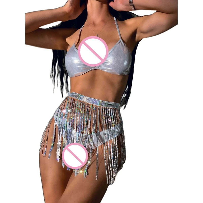 

Womens 3 Pieces Swimwear Ladies Halter Bikinis Set Lace Up Bathing Suit with Sequin Tassels Skirt for Vacations-Beach