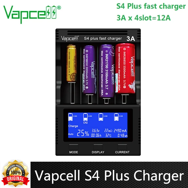 

Оригинальное зарядное устройство Vapcell S4 Plus, 3A, 4 слота, быстрая зарядка, OLED-дисплей, для батарей 18650, 21700, 26650, 20700, AA, AAA