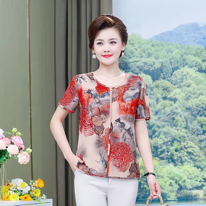 

Chiffon Tops Round Neck Loose Pullovers Printing Lattice Thin T-Shirts Classic Fashion Casual Womens Clothing