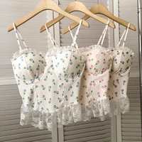 spaghetti strap tank camis women floral print lace patchwork corset crop tops with built in bras korean fashion woman camisoles