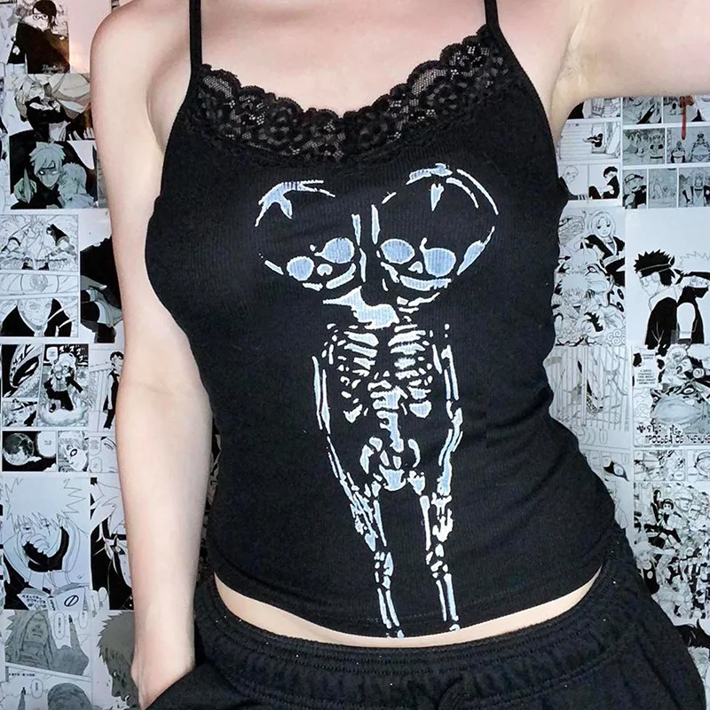 

Y2k Sling Sexy Tops Women Gothic Funny Print Club Chic Lace Corsets Busiter Vintage Women'S Summer Sleeveless T-Shirt