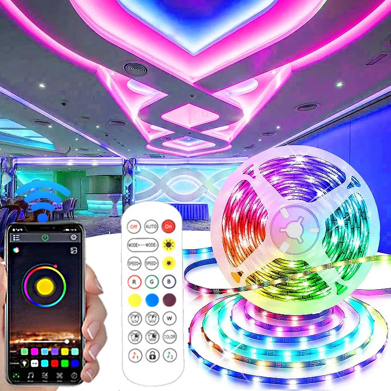 

Светодиодная лента RGB с управлением через приложение, меняющие цвет свет с пультом на 24 клавиши, режим 5050 для украшения комнаты, Bluetooth TV MD5050 RGB