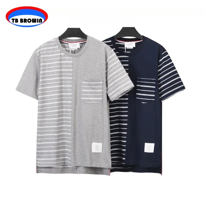 

TB BROWIN Thom Striped T-shirt Summer Men's Fashion Pocket Short Sleeve Top Y2K Casual Pure Cotton Ribbon Split Personalized Tee