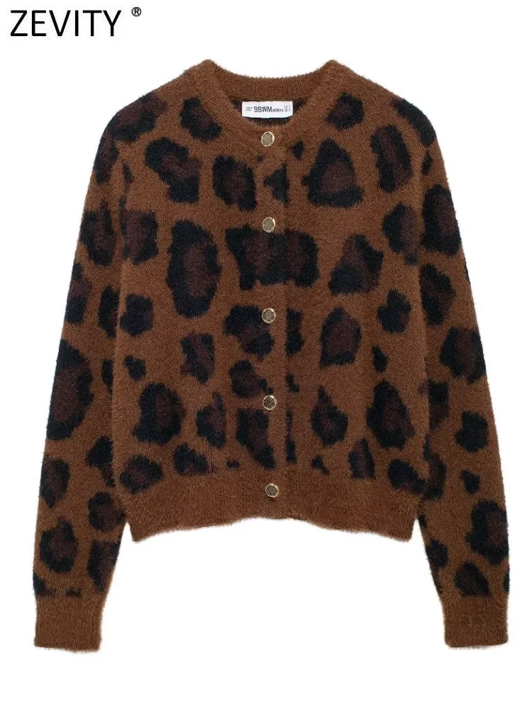 Zevity Новая женская мода с круглым вырезом леопардовый жаккардовый вязаный свитер