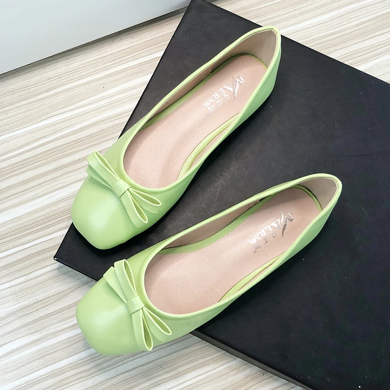 

Women Flats 2022 Leather Flat Shoes Apple Green Bowknot Square Head Slip on Loafers Casual Scoop Shoes with Bow Girl's Shoes
